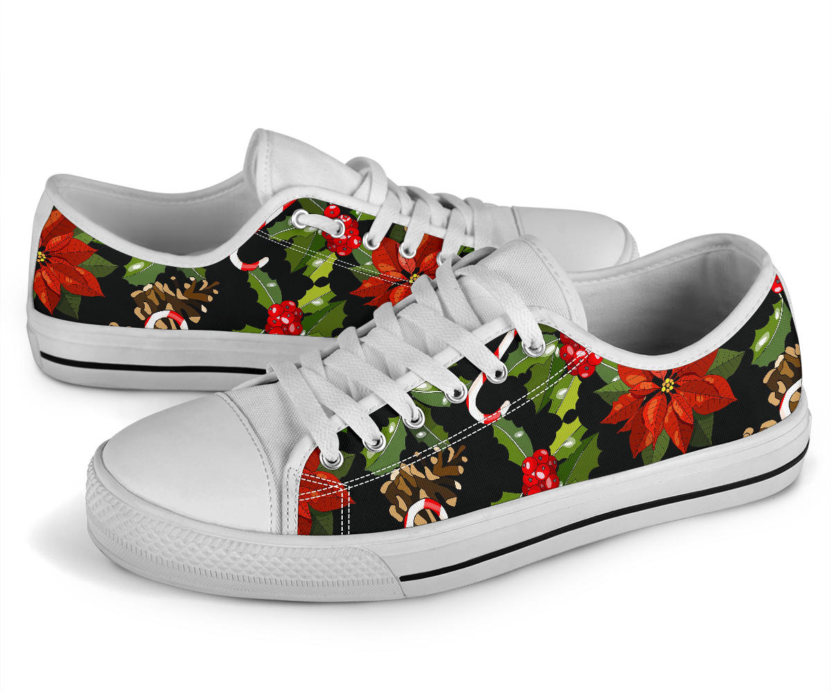 Poinsettia Pattern Print Design POT01 White Bottom Low Top Shoes