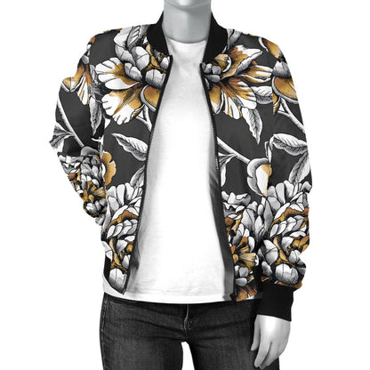 Peony Pattern Print Design PE06 Women Bomber Jacket