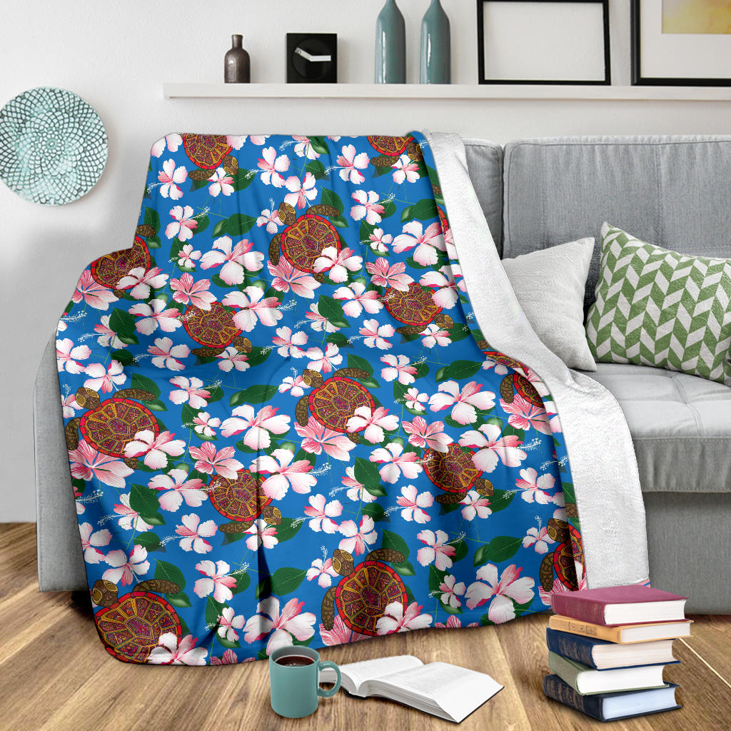Sea Turtle Pink Hibiscus Hawaiian Print Fleece Blanket