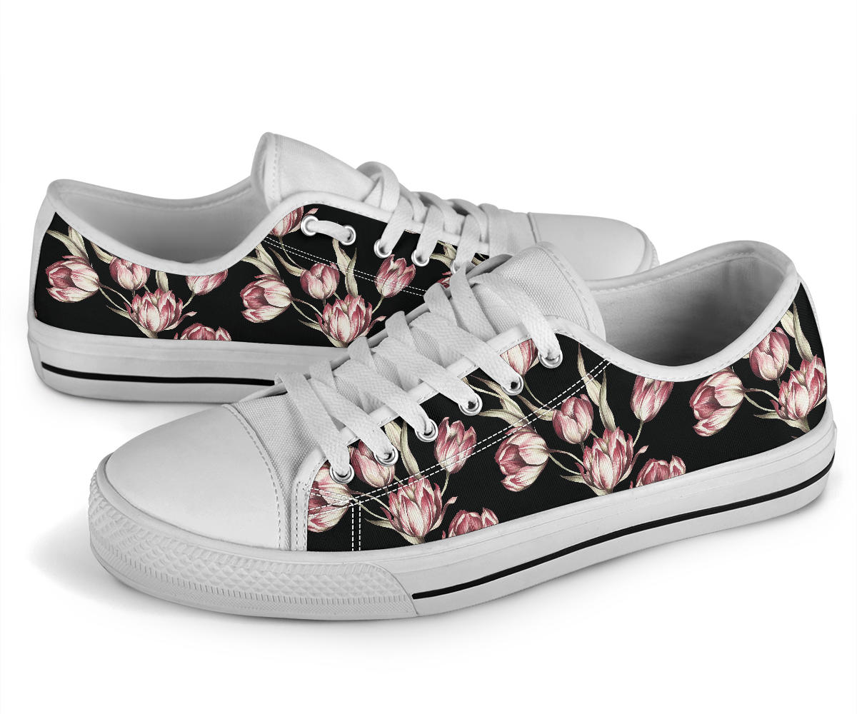 Tulip Pink Pattern Print Design TP02 White Bottom Low Top Shoes