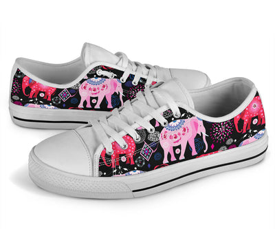 Pink Elephant Pattern White Bottom Low Top Shoes