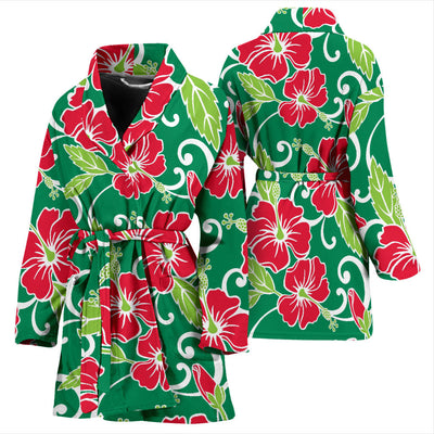 Red Hibiscus Pattern Print Design HB019 Women Bathrobe