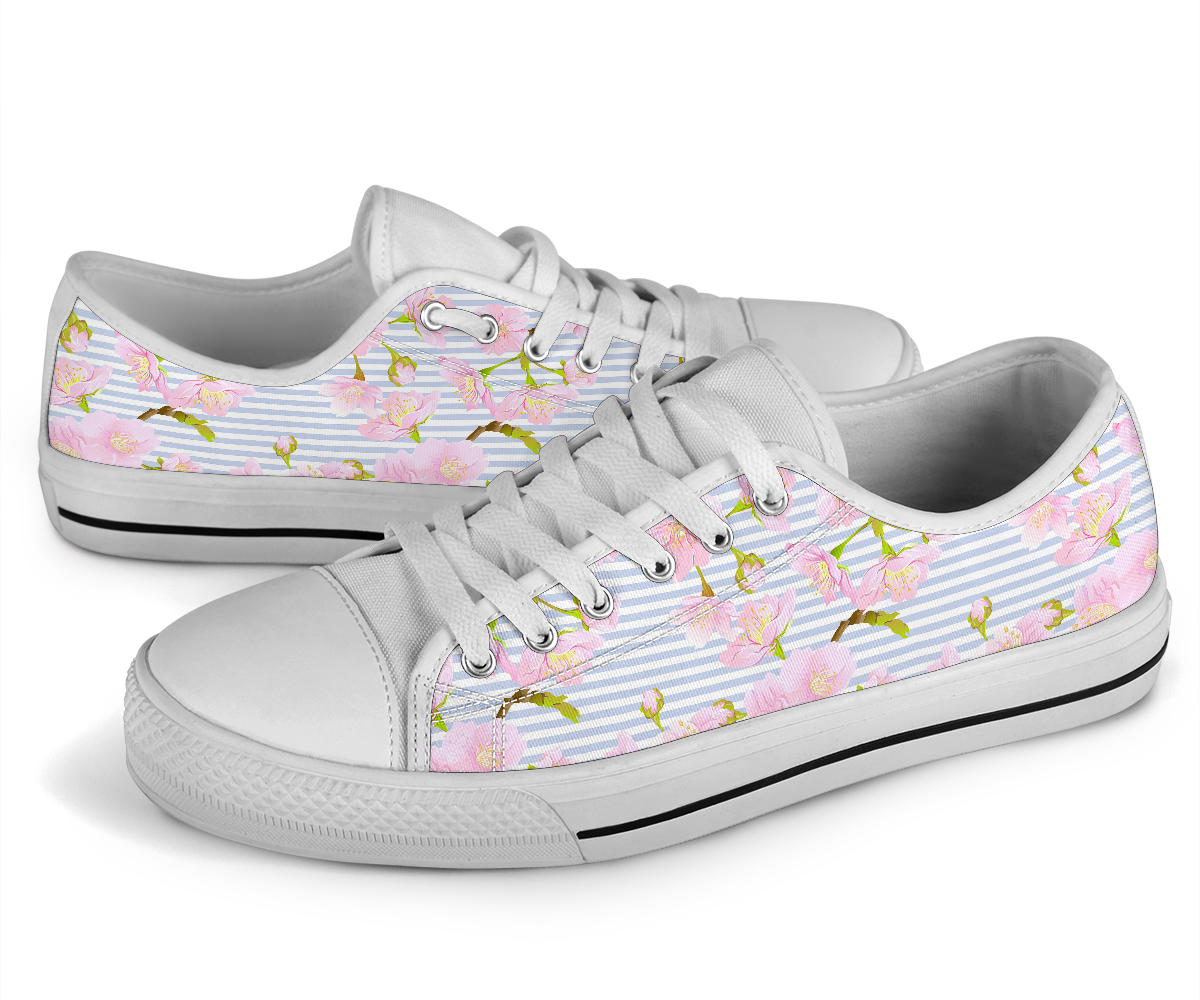 Pink Cherry Blossom Sakura White Bottom Low Top Shoes