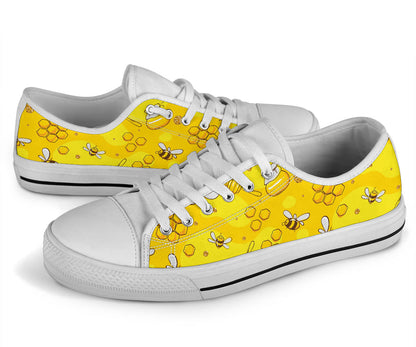 Bee Pattern Print Design BEE01 White Bottom Low Top Shoes
