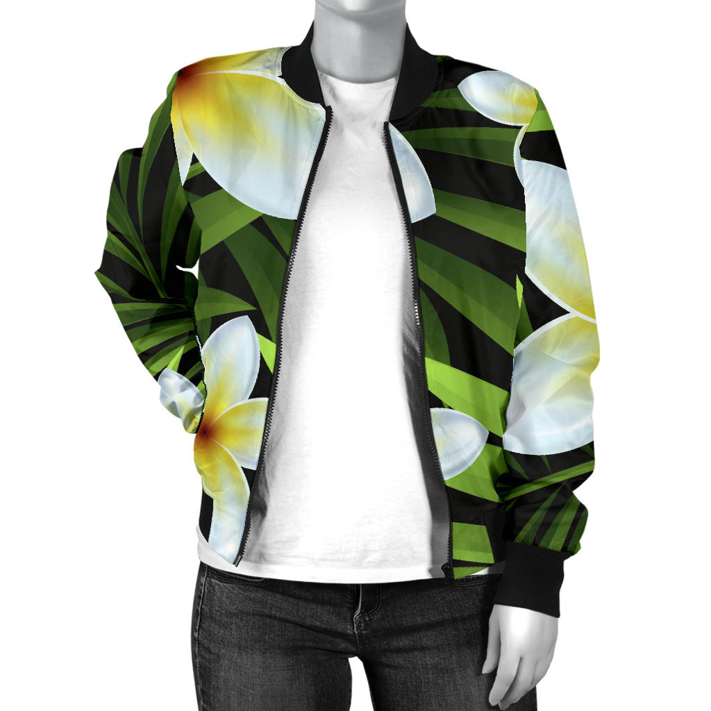White Plumeria Pattern Print Design PM06 Women Bomber Jacket