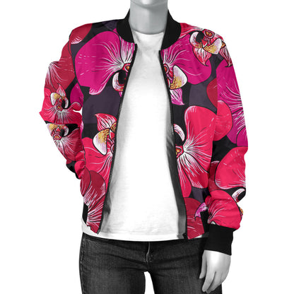 Orchid Red Pattern Print Design OR05 Women Bomber Jacket