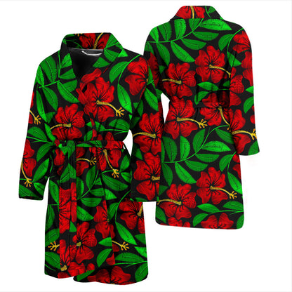 Red Hibiscus Embroidered Pattern Print Design HB032 Men Bathrobe