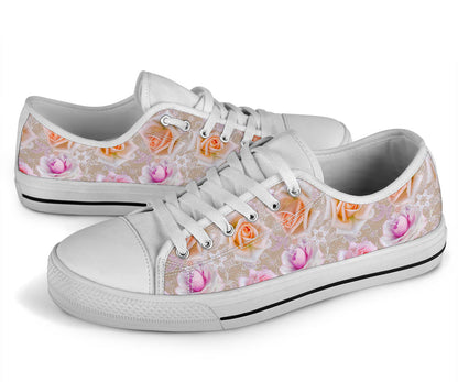 Rose Pattern Print Design RO011 White Bottom Low Top Shoes