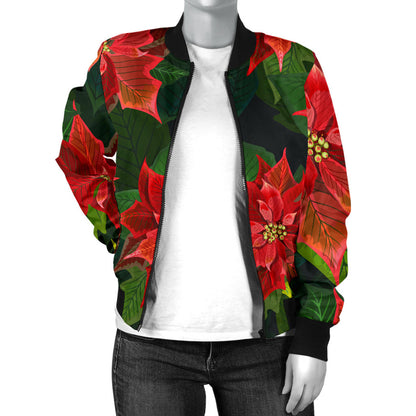 Poinsettia Pattern Print Design POT04 Women Bomber Jacket