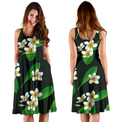 White Plumeria Pattern Print Design PM023 Midi Dress