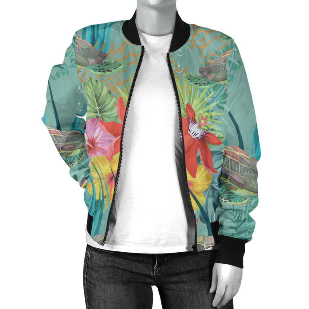 Sea Turtle Pattern Print Design T012 Women Bomber Jacket