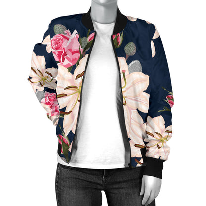 Lily Pattern Print Design LY04 Women Bomber Jacket