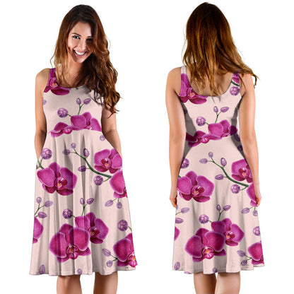 Orchid Purple Pattern Print Design OR04 Midi Dress