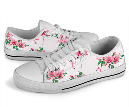 Flamingo Rose Pattern White Bottom Low Top Shoes