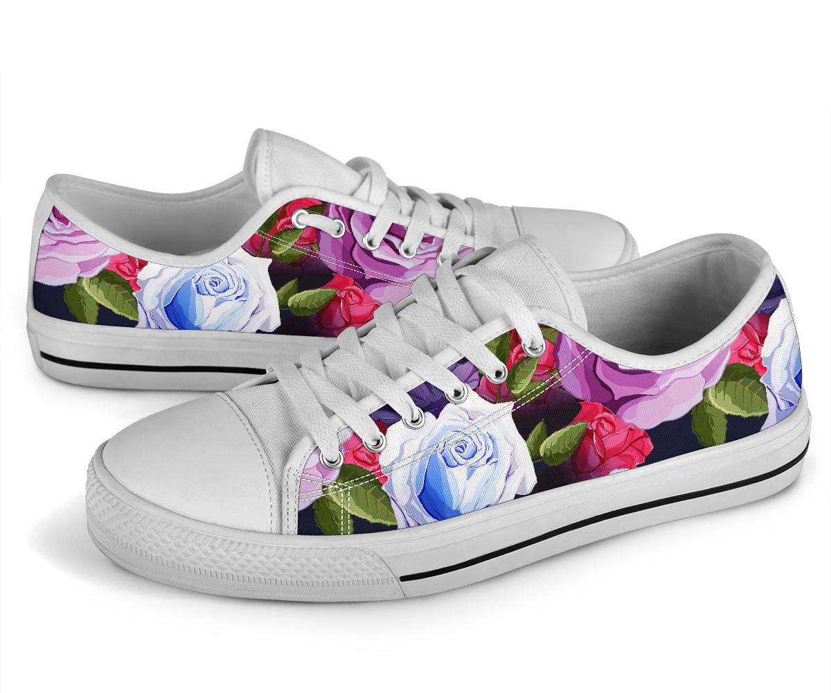 Rose Pattern Print Design RO09 White Bottom Low Top Shoes