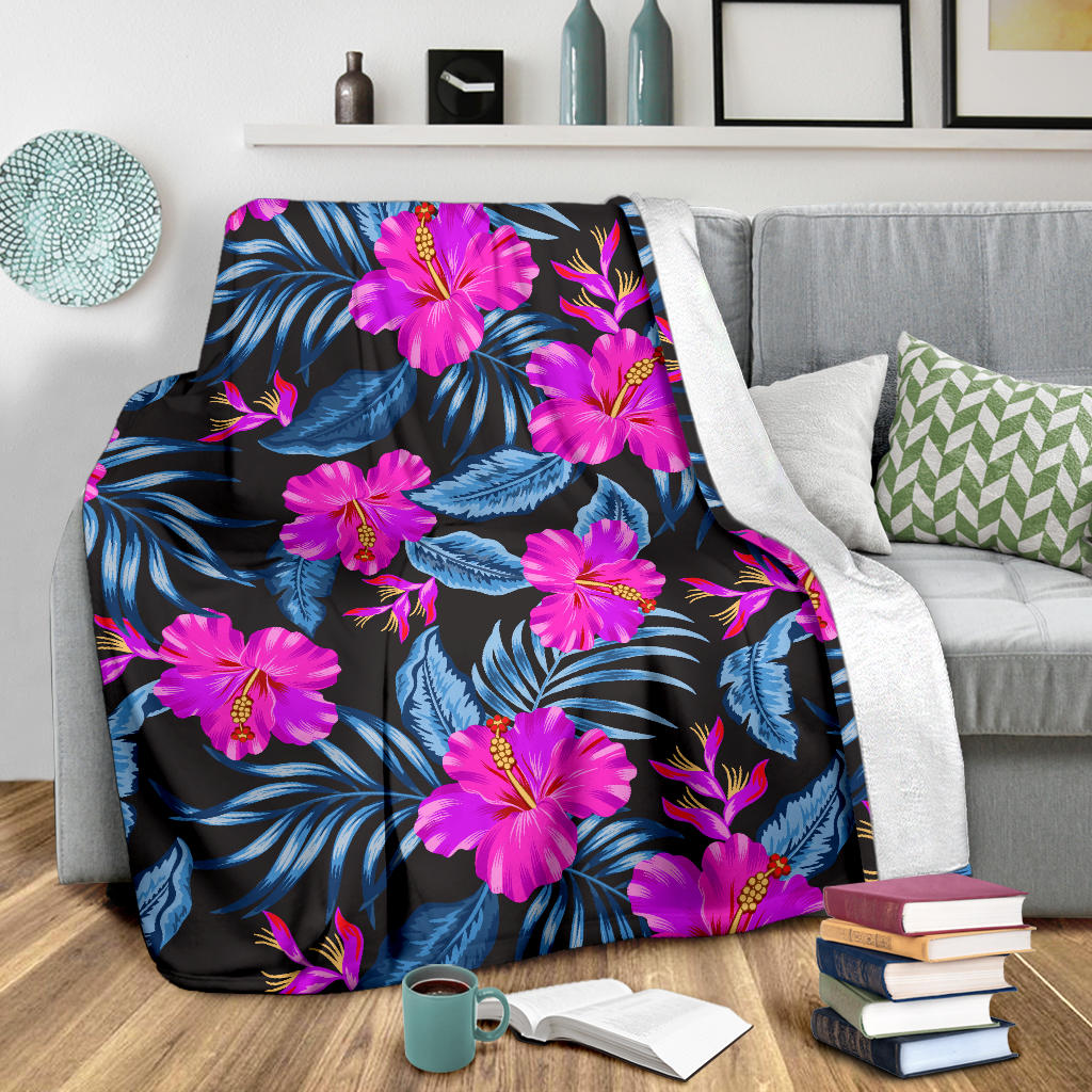 Neon Pink Hibiscus Pattern Print Design HB015 Fleece Blanket