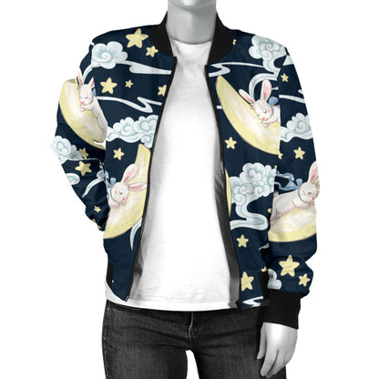 Rabbit Sleeping Pattern Print Design RB08 Women Bomber Jacket