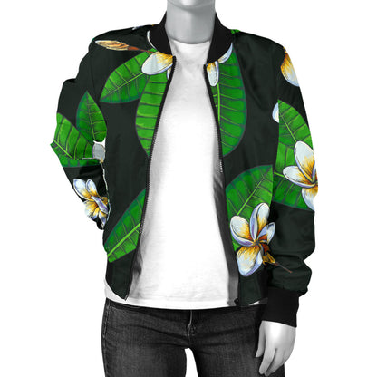 White Plumeria Pattern Print Design PM023 Women Bomber Jacket