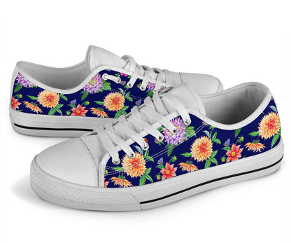 Dahlia Pattern Print Design DH010 White Bottom Low Top Shoes