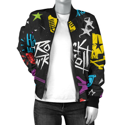 Rock and Roll Pattern Print Design A02 Women's Bomber Jacket
