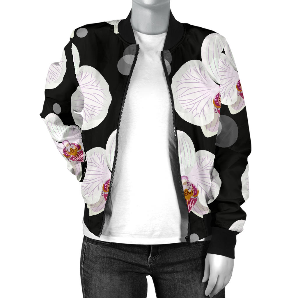 Orchid White Pattern Print Design OR09 Women Bomber Jacket