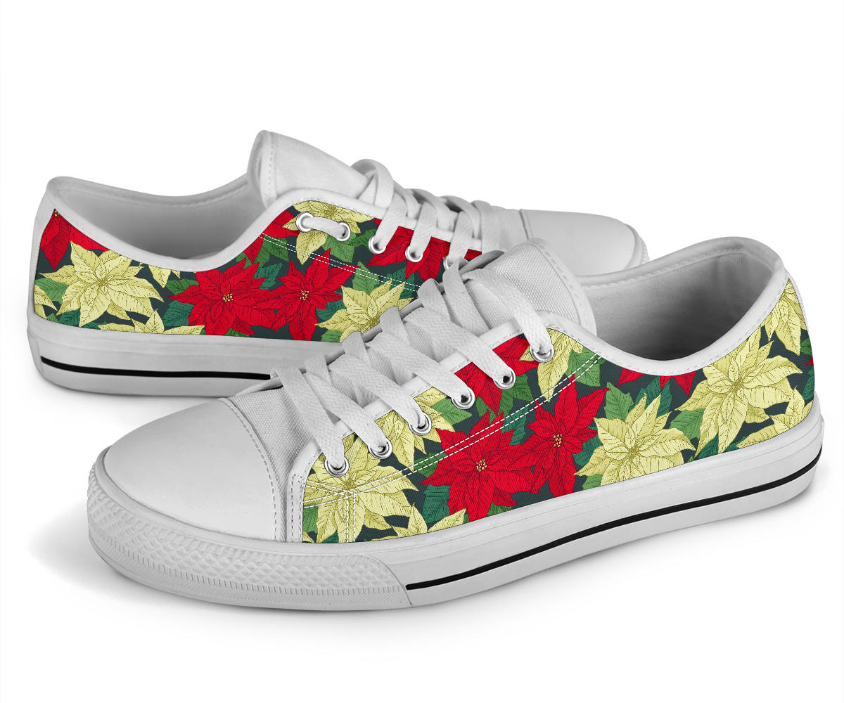 Poinsettia Pattern Print Design POT06 White Bottom Low Top Shoes
