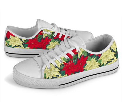 Poinsettia Pattern Print Design POT06 White Bottom Low Top Shoes