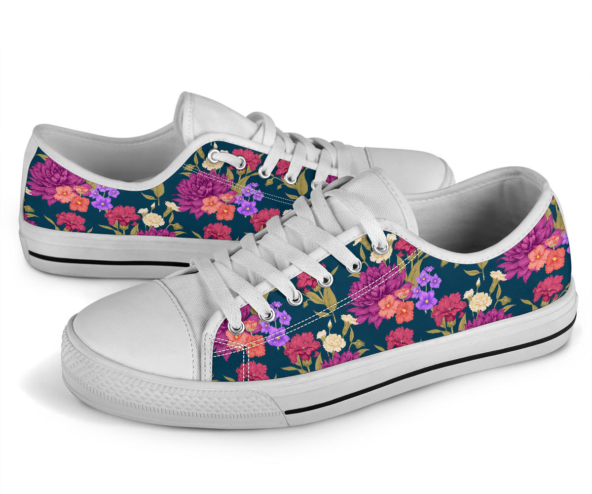 Dahlia Pattern Print Design DH01 White Bottom Low Top Shoes