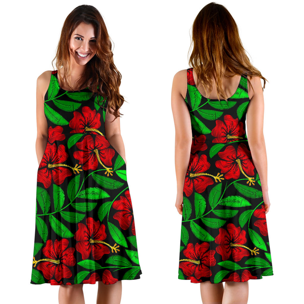 Red Hibiscus Embroidered Pattern Print Design HB032 Midi Dress