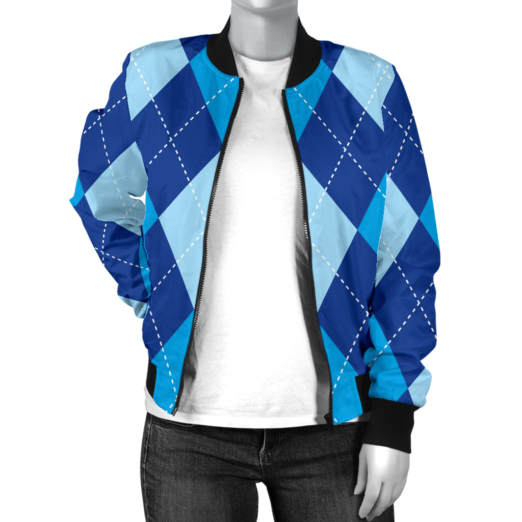 Argyle Blue Pattern Print Design 02 Women's Bomber Jacket