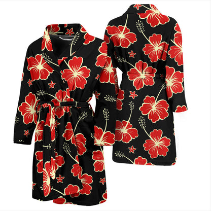 Red Hibiscus Pattern Print Design HB021 Men Bathrobe