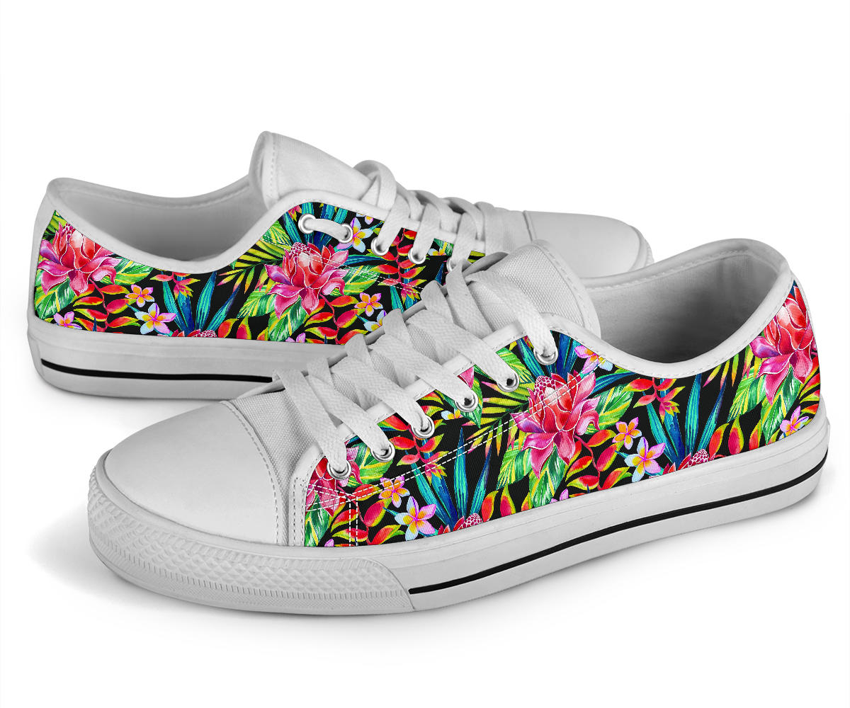Heliconia Pattern Print Design HL02 White Bottom Low Top Shoes