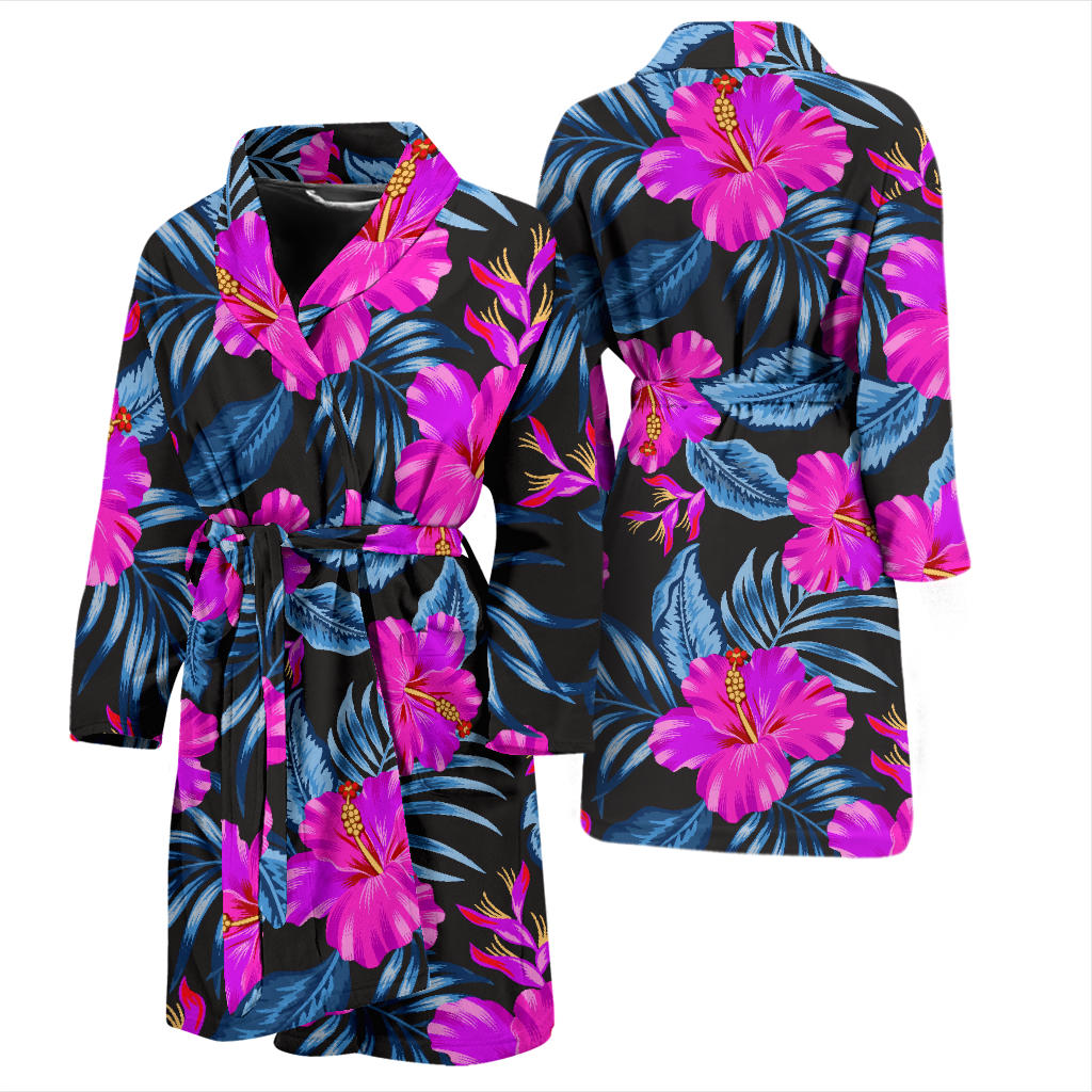 Neon Pink Hibiscus Pattern Print Design HB015 Men Bathrobe