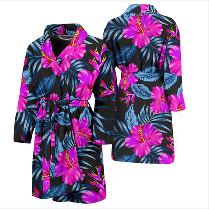 Neon Pink Hibiscus Pattern Print Design HB015 Men Bathrobe