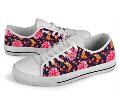 Dahlia Pattern Print Design DH03 White Bottom Low Top Shoes