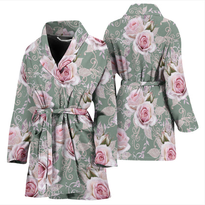 Rose White Pattern Print Design RO012 Women Bathrobe