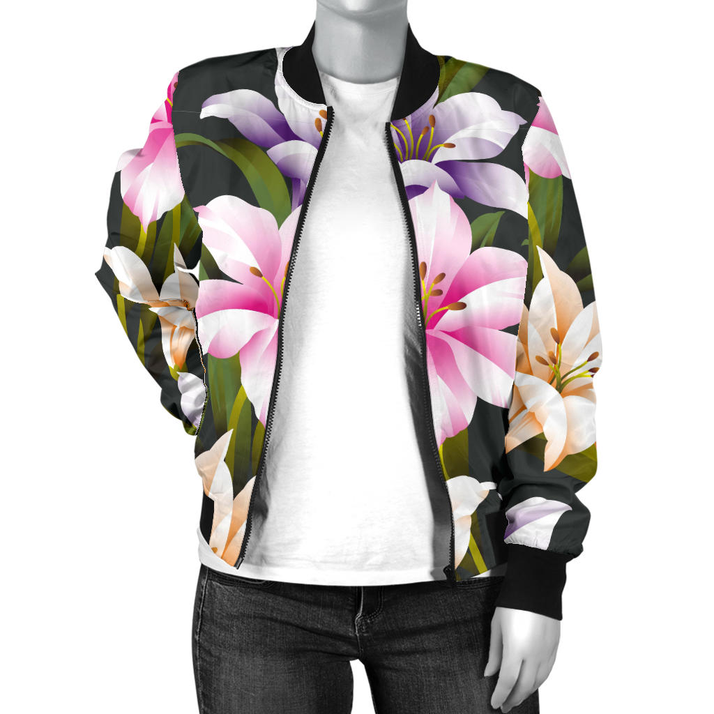 Lily Pattern Print Design LY01 Women Bomber Jacket