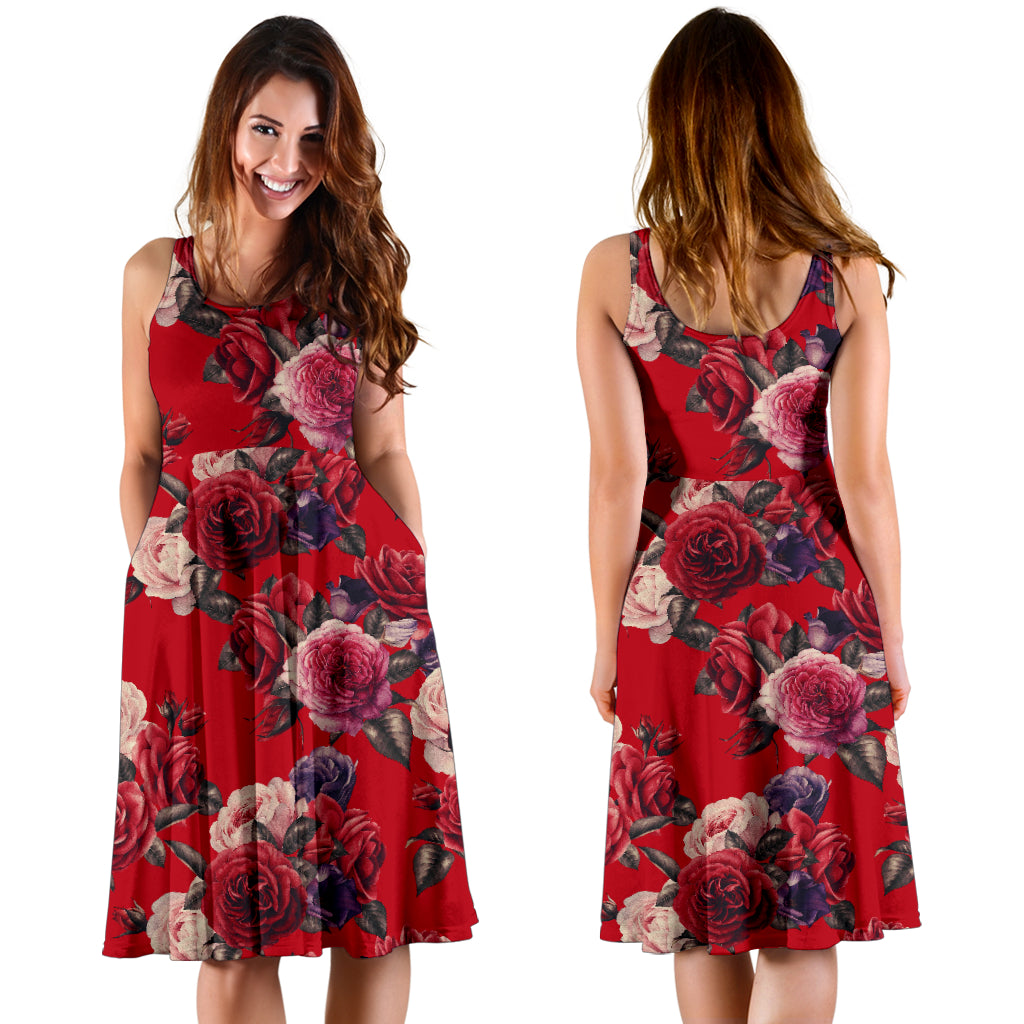 Rose Red Pattern Print Design RO07 Midi Dress