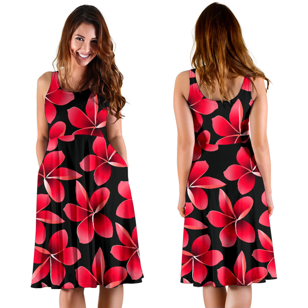 Red Plumeria Pattern Print Design PM025 Midi Dress