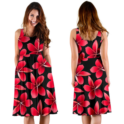 Red Plumeria Pattern Print Design PM025 Midi Dress