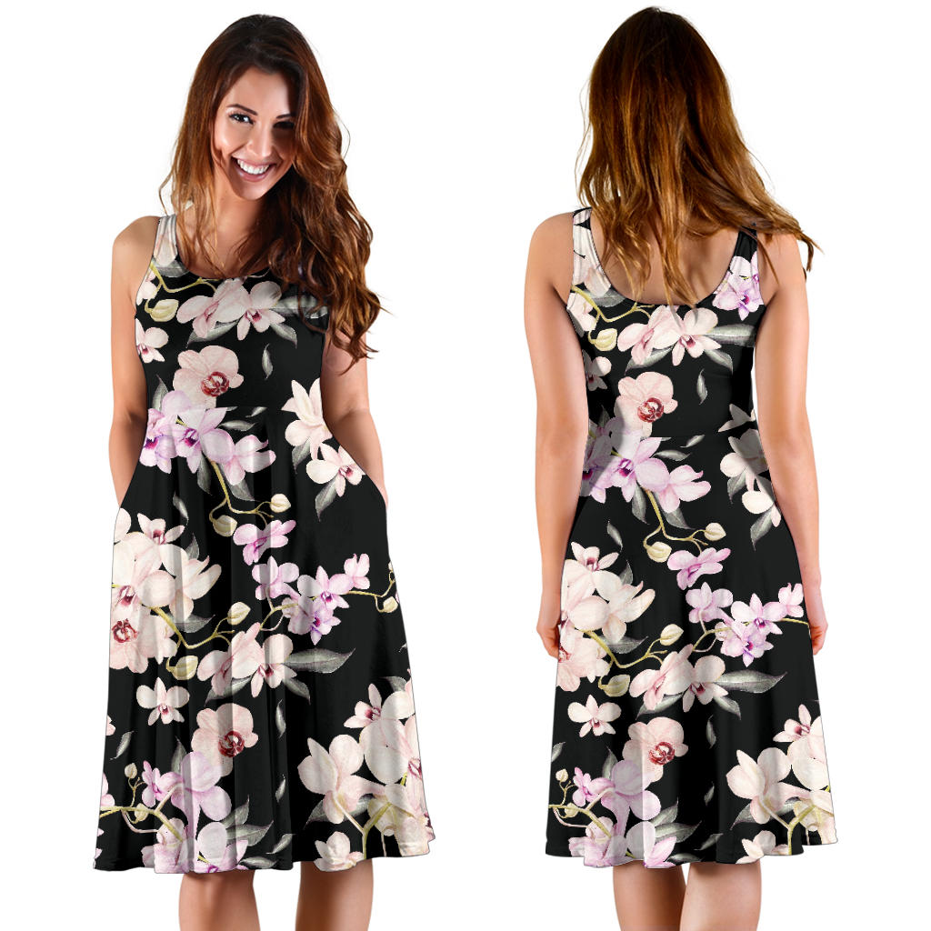 Orchid White Pattern Print Design OR03 Midi Dress