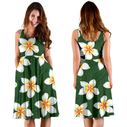 White Plumeria Pattern Print Design PM020 Midi Dress