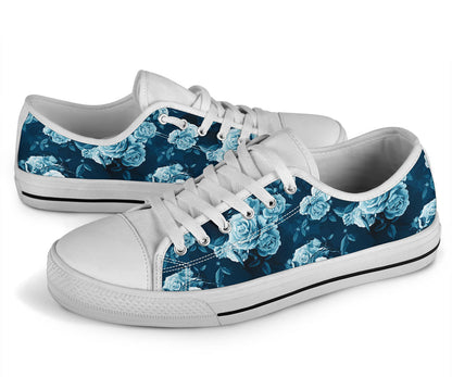 Rose Blue Pattern Print Design RO014 White Bottom Low Top Shoes