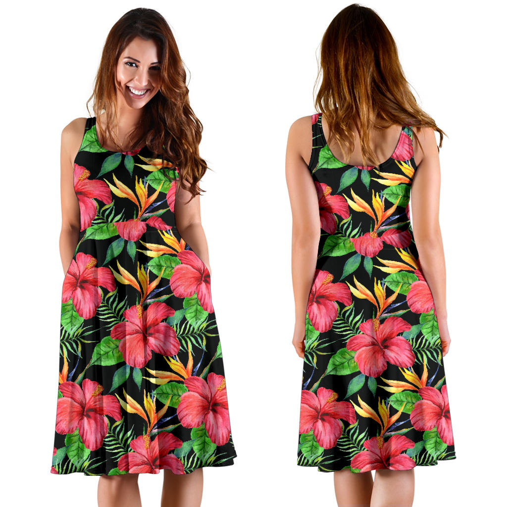 Red Hibiscus Pattern Print Design HB07 Midi Dress