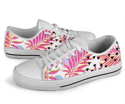 Pink Tropical Palm Leaves White Bottom Low Top Shoes