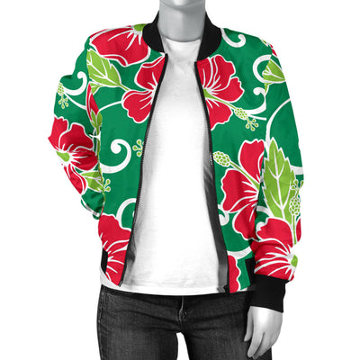 Red Hibiscus Pattern Print Design HB019 Women Bomber Jacket