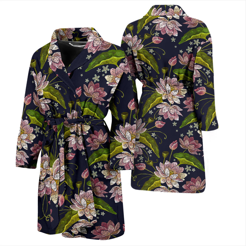 Lotus Embroidered Pattern Print Design LO06 Men Bathrobe