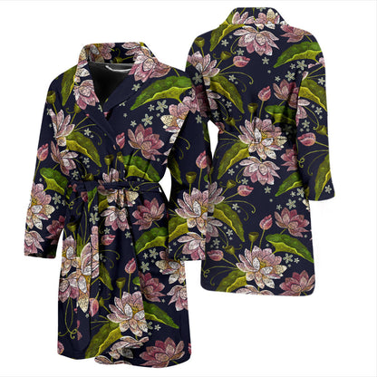 Lotus Embroidered Pattern Print Design LO06 Men Bathrobe