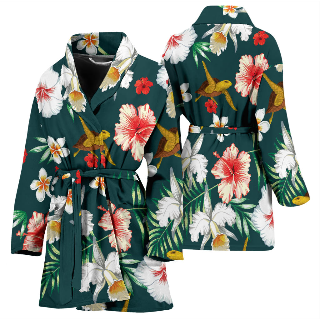 Hawaiian Flower Design with SeaTurtle Print Women Bathrobe