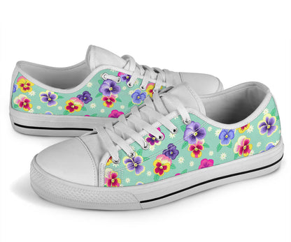 Pansy Pattern Print Design PS08 White Bottom Low Top Shoes